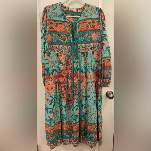 R Vivimos Dresses & Skirts - R Vivimos Maxi Dress Sz L 12/14 Teal/Multi Floral Long Sleeves Lined Top
